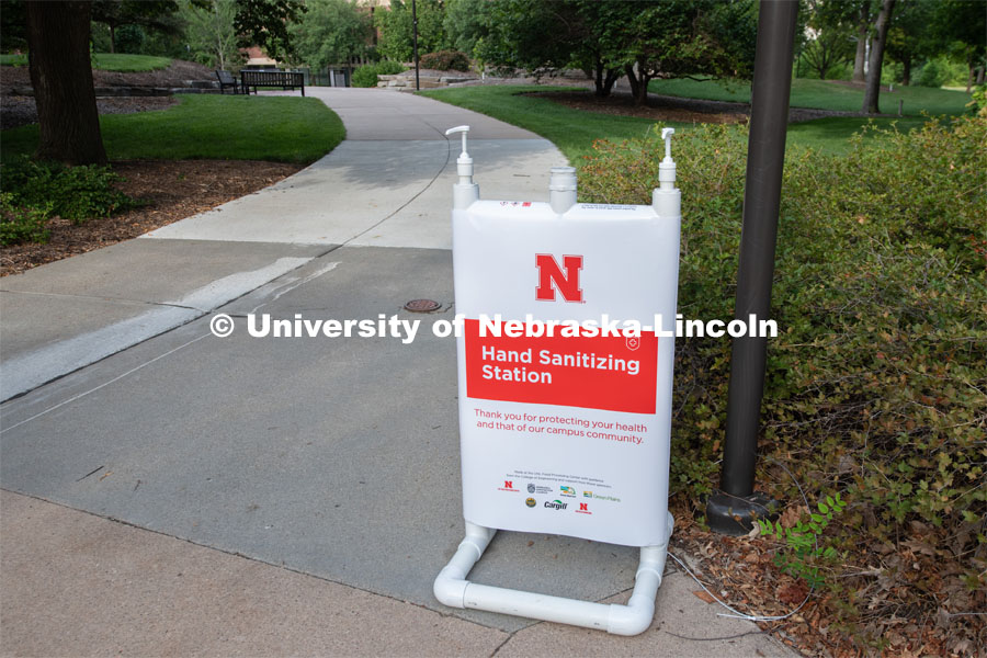 Hand Sanitizers are placed at various locations on City Campus. July 29, 2020. Photo by Gregory Nathan / University Communication.